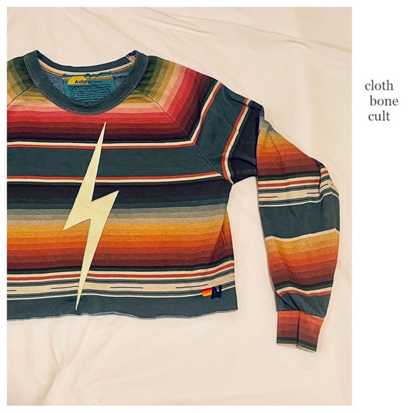 AVIATOR NATION 🌈 Blue Serape Stripe Lightning Bolt Cropped SWEATSHIRT - Picture 2 of 5